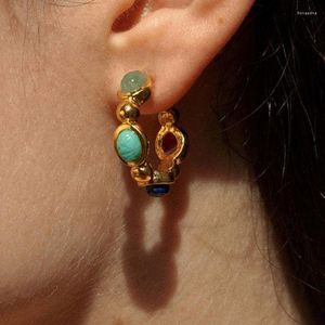 Boucles d'oreilles créoles Vintage couleur Turquoise, Design de Niche ovale, boucle d'oreille demi-cercle faite à la main