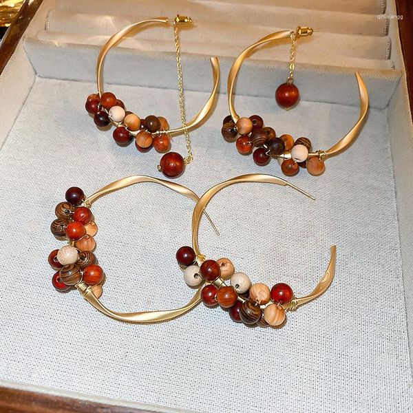 Boucles d'oreilles créoles Vintage en bois, perles rondes torsadées en forme de C pour femmes, bijoux de fête personnalisés haut de gamme