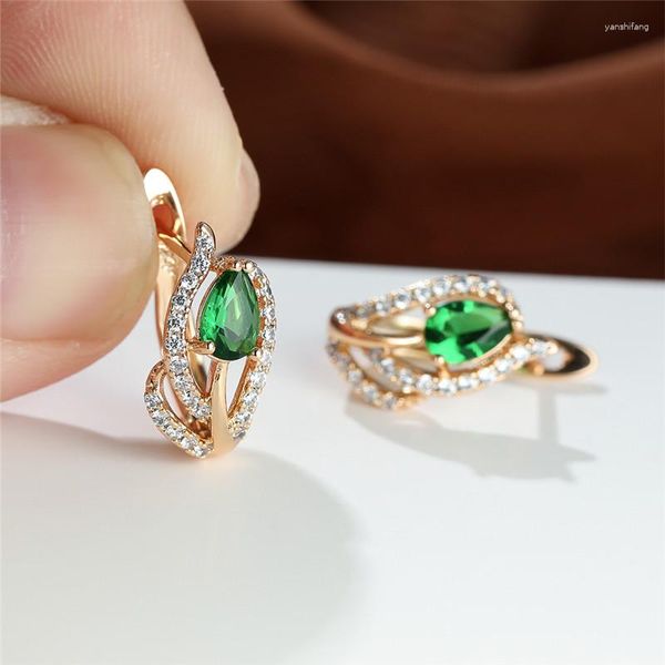 Boucles d'oreilles créoles goutte d'eau multicolore Zircon délicat vert cristal feuille breloque couleur or creux pour femmes bijoux