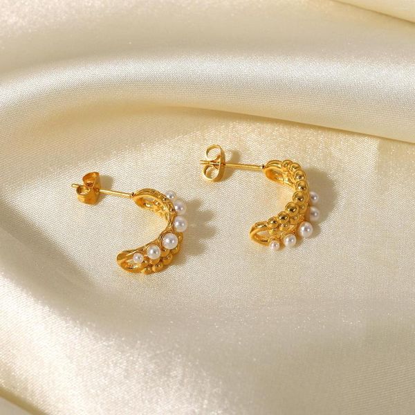 Boucles d'oreilles créoles imperméables en acier inoxydable plaqué or 18 carats triple couche avec mini perle pour femme