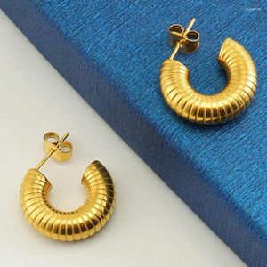 Boucles d'oreilles créoles imperméables en acier inoxydable, rayures brillantes épaisses pour femmes et filles, Tube rond PVD plaqué or 18 carats, boucle d'oreille empilée