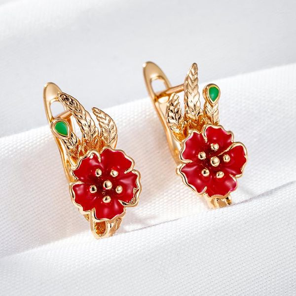 Pendientes de aro Wbmqda 585 Color oro rosa esmalte rojo forma de flor gota para mujeres joyería étnica para fiesta y boda Accesorios