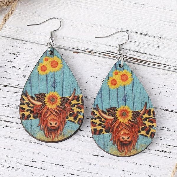 Pendientes de aro Western Cowboy Vaca Leopardo Cabeza de girasol Gota de madera de doble cara llena