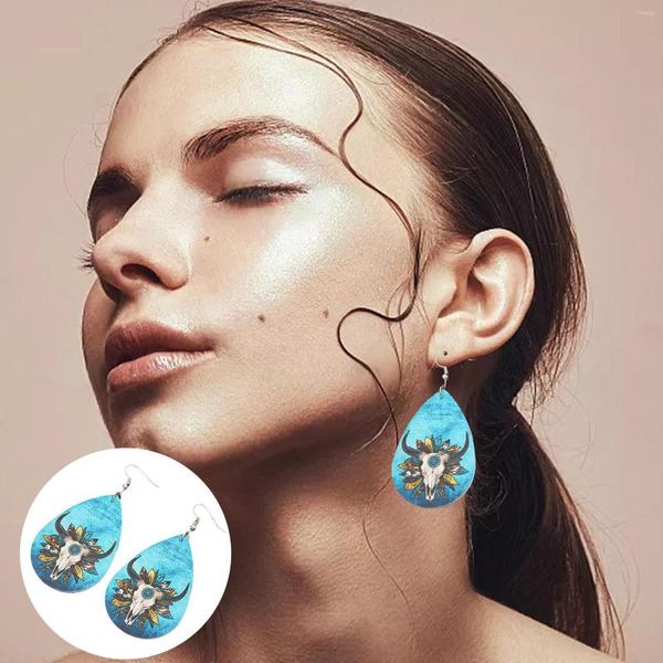 Pendientes Aro Estilo Occidental Personalidad Retro Cabeza De Toro Cuero Pétalos De Colores Turquesa