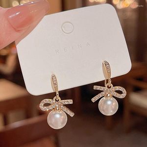 Boucles d'oreilles créoles blanc Imitation perle mode luxe incrusté Zircon nœud pendentif femmes Ins mariage boucle d'oreille de mariée