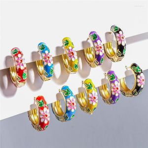 Boucles d'oreilles cerceau en gros mode fleur colorée émail petit cercle géométrique en métal doré Huggie pour les femmes bijoux de charme
