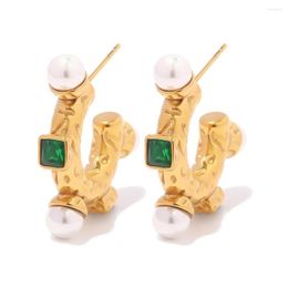 Boucles d'oreilles créoles en gros mode étanche vert carré Zircon 18K plaqué or forme de lave boucle d'oreille perle entourée pour les femmes