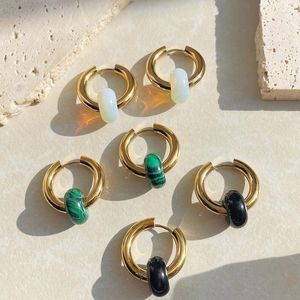 Boucles d'oreilles créoles pour femmes, vente en gros, qualité supérieure, 21 couleurs, fantaisie, pierre opale Turquoise, Style goutte, cercle en acier inoxydable