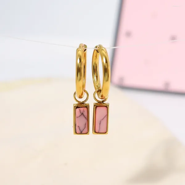 Pendientes de aro WILD FREE de acero inoxidable chapado en oro de 18 quilates para mujer, colgante de piedra rosa, joyería romántica bonita de moda