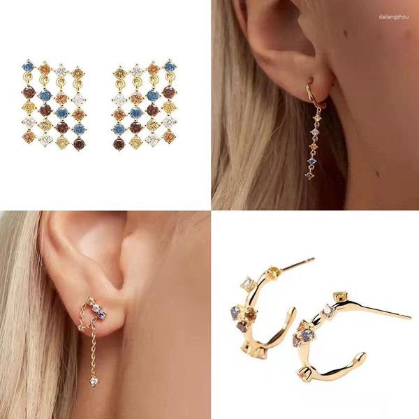 Pendientes de aro para mujer, joyería exquisita de Plata de Ley 925, borla de circón colorida en forma de J, regalo de cumpleaños