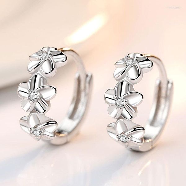 Pendientes de aro Moda para mujeres 925 Silver Needle Joya de alta calidad Cristal Cirón Flower Tres cinco hojas