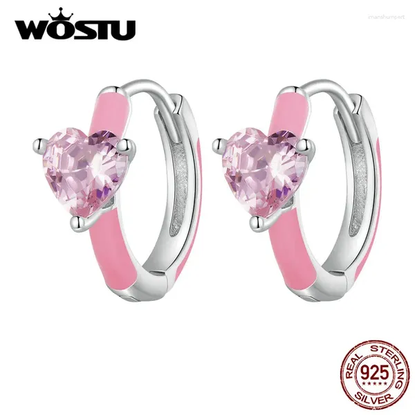 Pendientes de aro Wostu Real 925 Sterling Silver Pink Heart Circón Lovely Cindy Color Aceil Clips Estampado Garing Girl Fiesta Regalos