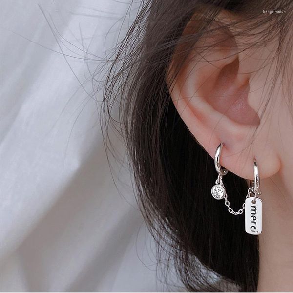 Boucles d'oreilles créoles WTLTC Single Piece Link Chain Ear Piercing 925 Sterling Sliver Double Circle Drop Small CZ Huggies