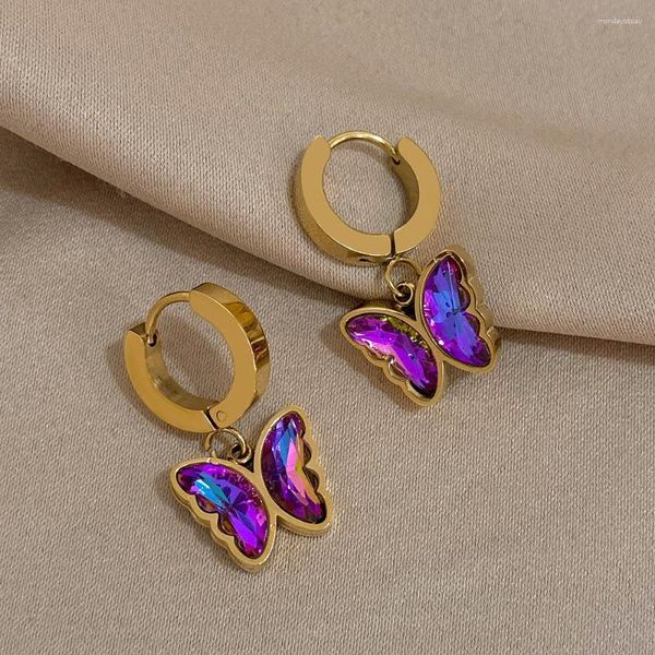 Pendientes de aro y2k mariposa colorida de cristal morado joyas de acero inoxidable para mujeres accesorios de am de moda modernos accesorios