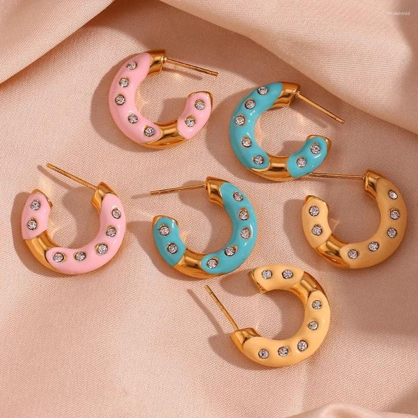Boucles d'oreilles créoles Style Y2K, bijoux pour filles, bleu, jaune, rose, émail, forme de beignet, en acier inoxydable pour femmes