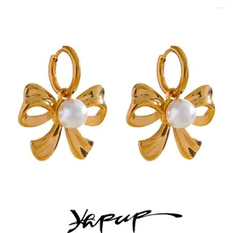 Hoop oorbellen yhpup elegante imitatie parels roestvrij staal bowknot gouden druppel voor vrouwen voorkomen allergie charme dagelijkse sieraden