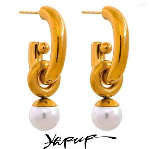Boucles d'oreilles créoles Yhpup Fashion Shell Pearl Drop en acier inoxydable géométrique couleur or 18K plaque haute qualité Europe Amérique bijoux femmes