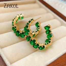 Boucles d'oreilles cerceaux Zakol Luxury Green Oval Zircon For Women Fashion CZ Crystal Engagement Party Statement Bijoux