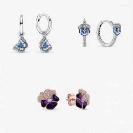 Cerceau Hie bleu profond pensée fleur papillon boucles d'oreilles 2022 printemps cadeau en argent Sterling bijoux pour femme fête bijoux cerceau Odet22