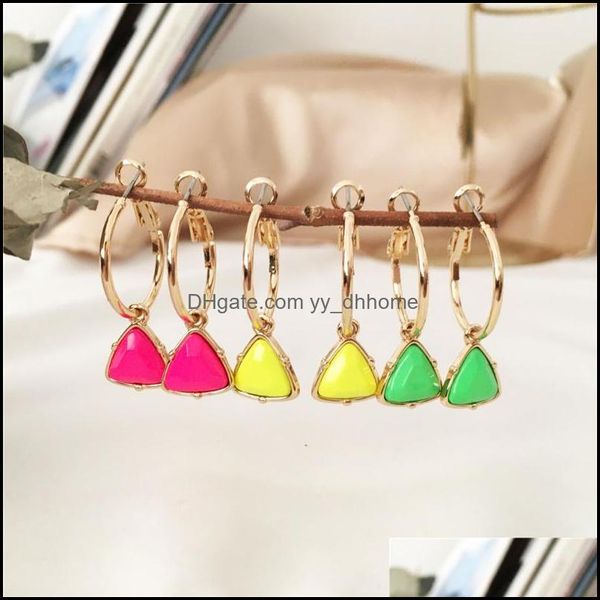 Pendientes de aro Hie Llegadas de joyería Chapado en color dorado Neón Fucsia Amarillo Verde Triángulo Encanto para mujer Chica Decoración de fiesta Gota Delive