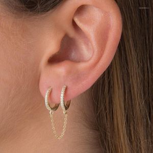 Hoop Huggie 2 Hole Double Piercing Mini Small met Tassel Chain Earring Women Fashion Shiny CZ White Blue Green Stone Jewelry1