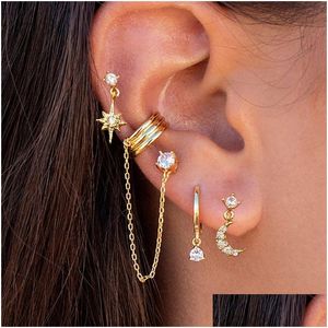 Hoop Huggie 2pcs nouveau acier inoxydable cubique zircone chaîne boucles d'oreilles pour femmes minuscule pendentif étoile lune boucle d'oreille cartilage piercing otwgl