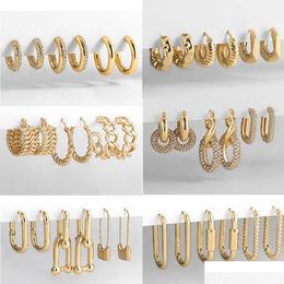 Hoop Huggie 3 pares / set Punk Geométrico Grandes Pendientes pequeños para mujeres Hombres Color Oro Cadena de metal Círculo Hie Drop Entrega Joyería Ot8Je