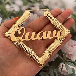 Hoop Huggie 3UMeter Carré Bambou Nom Boucles D'oreilles Hip Hop Lettre Boucles D'oreilles Femmes Personnalité Personnalisé Plaque signalétique Boucles D'oreilles Or Cadeau 230531