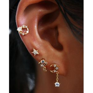 Hoop Huggie 4PC / Set Quatre Trous Piercing Boucles D'oreilles Pour Les Femmes Brillant Cristal Zircon Or Couleur Oreille Os Crevaison Partie Bijoux