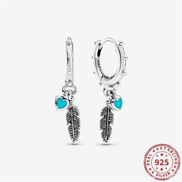 Hoop Huggie-pendientes de plata de ley 925 con corazones turquesas y plumas, aretes Paba para mujer, fiesta de cumpleaños, joyería fina Gift303U