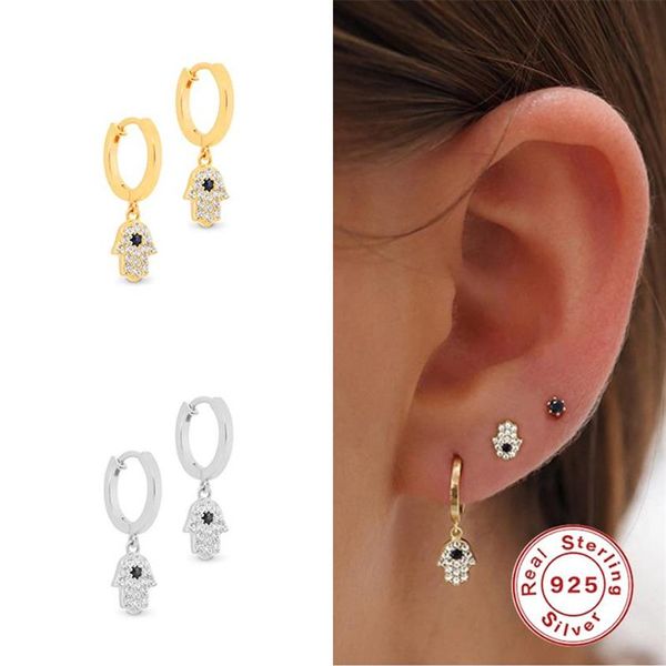 Hoop Huggie Aide Real 925 Sterling Silver Main Boucles D'oreilles Cercle Hamsa Bijoux De Mariage Pour Femme Cristal Zircon CZ Luxury188g