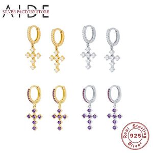 Hoop Huggie Aide Trendy Cross Pendientes Oorbellen voor Dames Geometrische Wit / Paars Zirkoon Piercing Earings Silver 925 Sieraden