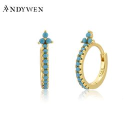 Hoop Huggie ANDYWEN 925 Sterling Zilver Turquoise Hoops Earring Piercing Luxe Zirkonia CZ Round Loops Ohrringe Pendientes Fashion Fine Jewel 230614