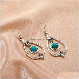 Hoop Huggie Bohemian Fashion Turquoise Geometrische oorbellen Hollow Out Water Drop Retro Dange Delivery Sieraden DHZSA