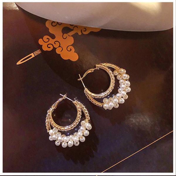 Cerceau Huggie cercle boucle d'oreille blanc Double perle boucles d'oreilles couleur or pour les femmes bijoux cadeaux alliage grande goutte balancent cerceau de mariage