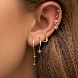 Hoop Huggie Design En Acier Inoxydable Cubique Zircone Chaîne Boucle D'oreille Pour Les Femmes Étoile Lune Pendentif Cartilage Piercing Bijoux 221119