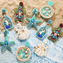 Hoop Huggie Mode Boho Bleu Perles À La Main Vague Shell Tortue Dangle Boucle D'oreille Filles Étoile De Mer Pendentif Été Plage Bijoux 230901