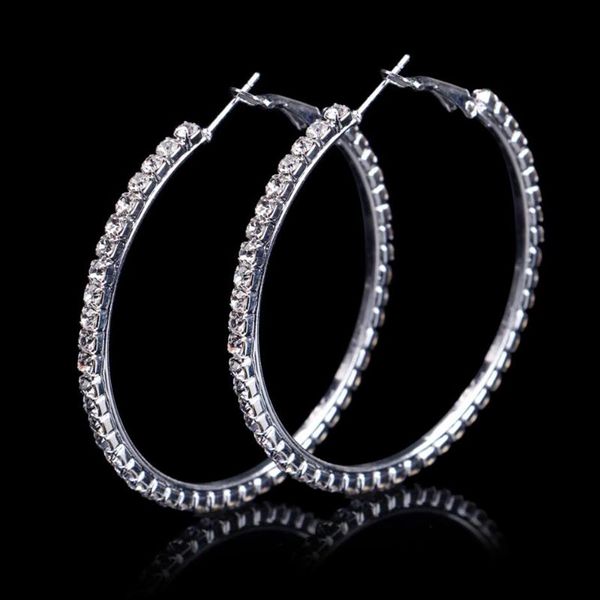 Hoop Huggie Fashion Ladies 50 mm Nupcial Plata Color Cristal Diamante Rhinestone Pendientes redondos para mujeres Boda Prom Accessorie294o