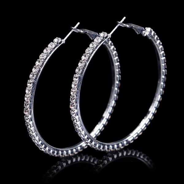 Hoop Huggie-pendientes redondos de diamantes de imitación para mujer, aretes redondos de 50mm para novia, Color plateado, accesorios para fiesta de boda, 260U