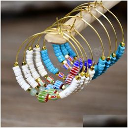 Hoop Huggie Fashion Natural Gem Stone Rogue d'oreille Boucles d'oreilles perlées plates pour femmes Bijoux vintage Bohemian Round Earge Drop Deli Dhdaz