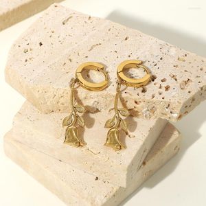 Pendientes de aro Huggie de acero inoxidable a la moda, abalorio de flor de rosa cúbica, joyería de oro de 14K, gota larga, aro para mujeres y niñas Indu22