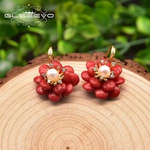 Hoop Huggie GLSEEVO Naturel Corail Pendentif Boucles D'oreilles Femme Fleur Rouge À La Main De Mode Luxe Dames Boucles D'oreilles Fine Jewelry Cadeaux De MariageGE1042 230404