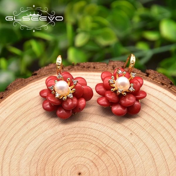 Hoop Huggie GLSEEVO naturel corail pendentif boucles d'oreilles femme fleur rouge à la main mode Luxe dames boucles d'oreilles bijoux fins cadeaux de mariageGE1042 230506