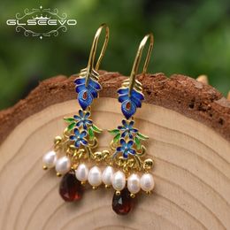 Hoop Huggie GLSEEVO Naturel Perle Grenat Cloisonné Plante Boucles D'oreilles Pour Femmes Cadeau De Mariage Ethnique Luxe Vintage Fine Bijoux GE0970 230831