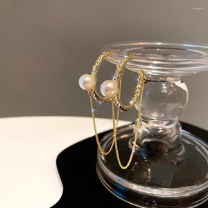 Hoop Huggie Gold Color Chain Hangende Dange oorbellen voor vrouwen glanzende kristal C vorm Pearl Piercing Drop Earring Brincos Jewelryhoop