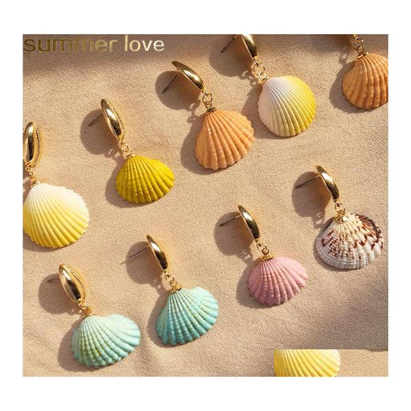 Hoop Huggie Handmade Colorf Shell Dangle Parring Bohemia Gold Irregar Pendientes marinos para mujeres Girl Lady Summer Holiday Jewellry OTM7V