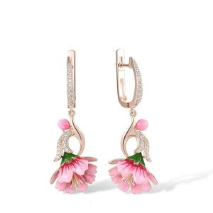 Hoop Huggie Luxe Rose Or Rose Fleur Boucles D'oreilles pour les Femmes 925 Argent Long Pendentif Boucle D'oreille À La Main Émail Bijoux 230807