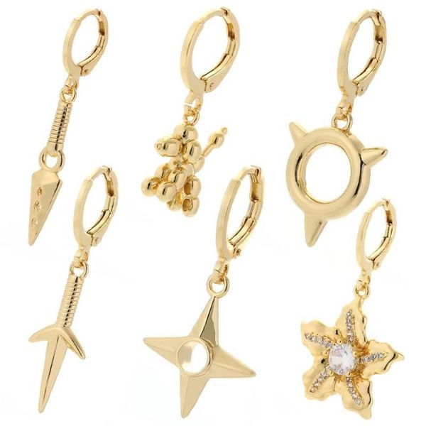 Hoop Huggie Ninja Shuriken Dangle Pendentif Boucles d'oreilles pour femmes Or Chien Fleur Anneaux d'oreille Punk Hip Hop Party Mode coréenne 20227g