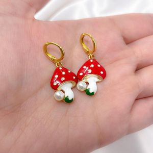 Hoop Huggie Pearl Mushroom oorbellen Rood email Charms Goud Aros Mujer Huggies bengelen trendy sieradenhoop