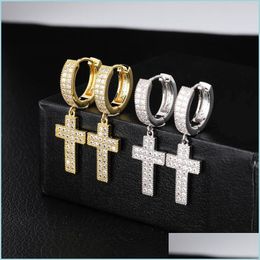 Hoop Huggie Gepersonaliseerd 18K Gold vergulde bling kubieke zirconia cross hoepel oorring heren dames hiphop oorbellen ijsjes sieraden voor w dhqrj